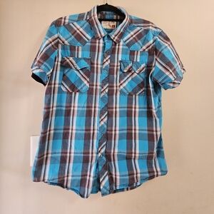 JNCO Crown Brand Men’s Plaid Pearl Snap Western Shirt Large Short Sleeve Y2K